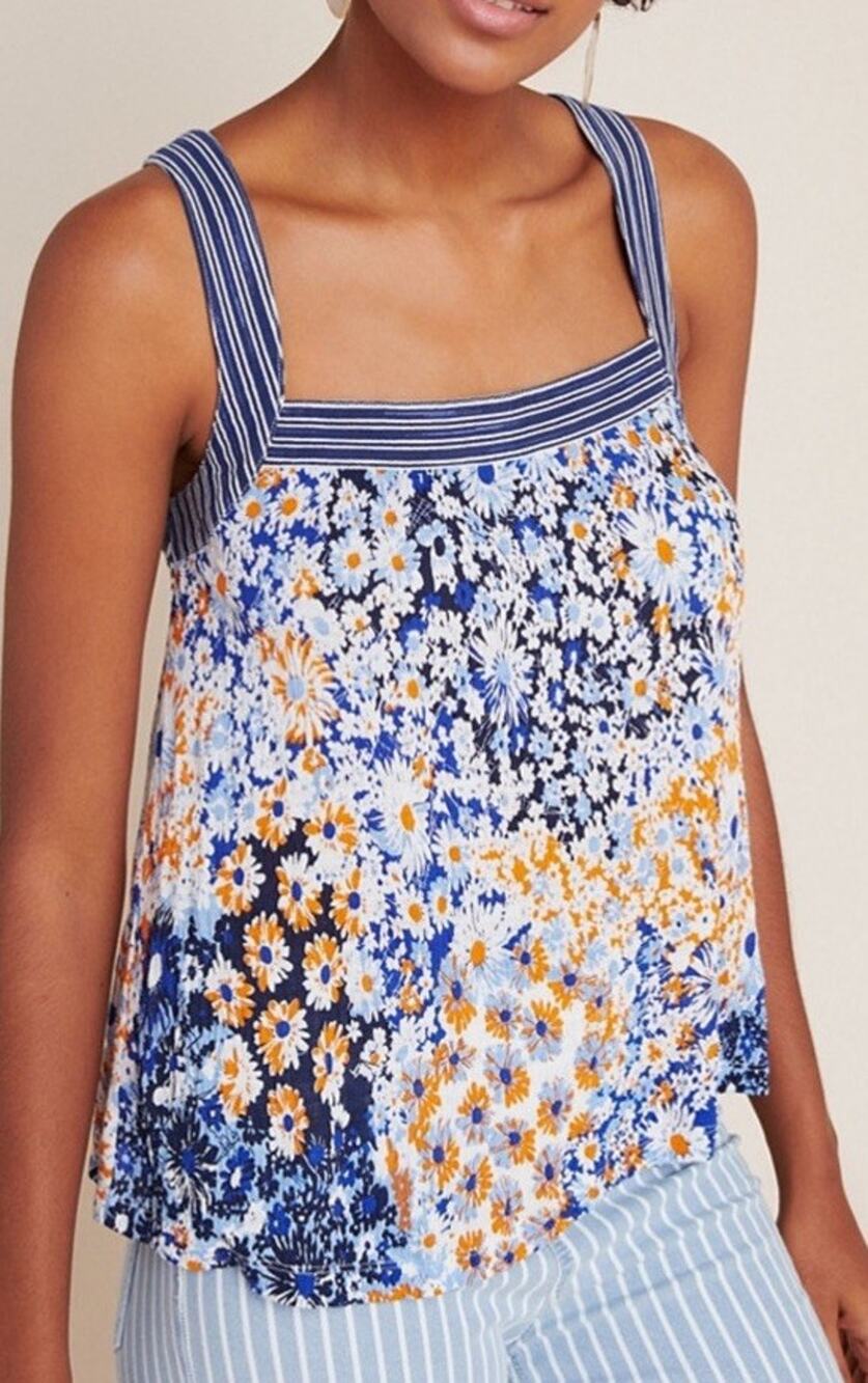 Maeve Anthropologie Caryn Square Neck Tank Top Blue Floral Stripe Beach Boho M
